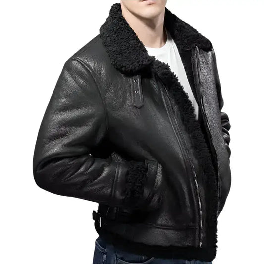 Mens Black Aviator B3 Shearling Leather Jacket