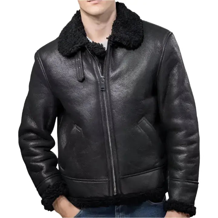 Mens Black Aviator B3 Shearling Leather Jacket