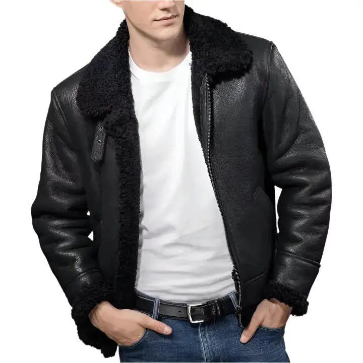 Mens Black Aviator B3 Shearling Leather Jacket
